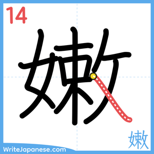 How to write "嫩" - stroke 14