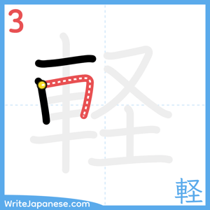 How to write "軽" - stroke 3