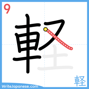 How to write "軽" - stroke 9
