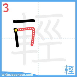 How to write "輕" - stroke 3