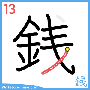 How to write "銭" - stroke 13