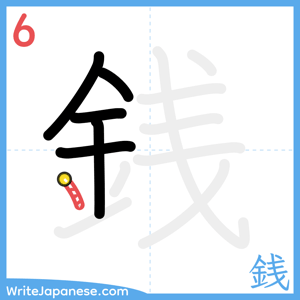 How to write "銭" - stroke 6