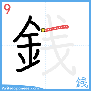 How to write "銭" - stroke 9