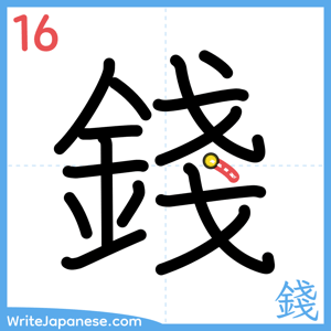 How to write "錢" - stroke 16