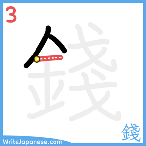 How to write "錢" - stroke 3