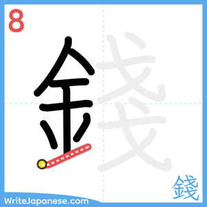 How to write "錢" - stroke 8