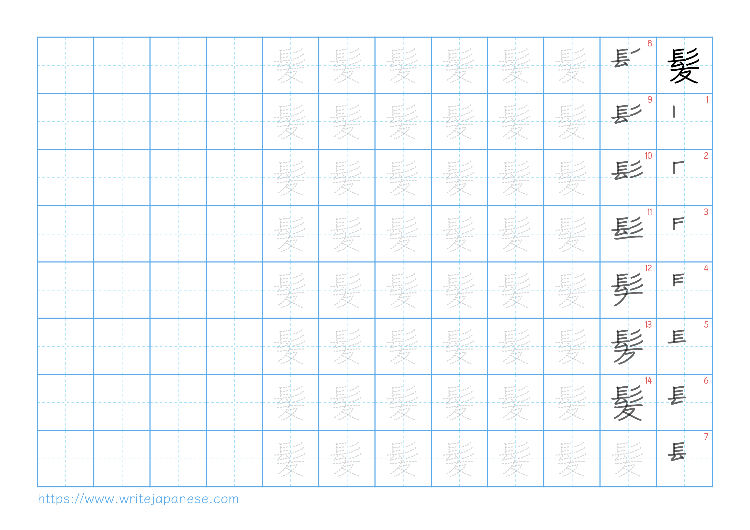 Traditional vertical worksheet for 髪